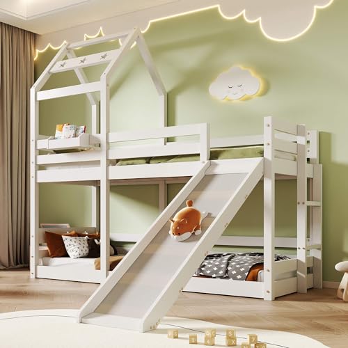 HYUB Kinderbett, Etagenbett 90x200cm mit Rutsche und Rausfallschutz, Hausbett für Kinder, Hochbett aus Holz mit Lattenrost, Vielseitiges Kinderbett mit Dach, für Jungen & Mädchen, Weiß