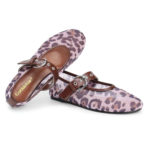 Image of Gothictor Women's Mesh Ballet Flats Round Toe Leopard Mary Jane Shoes Women | Cushioned Comfort, Easy to Style, Buckle Strap, Cheetah Print, Ballerina, Breathable, Wide Width, Non-Slip, Dressy Casual