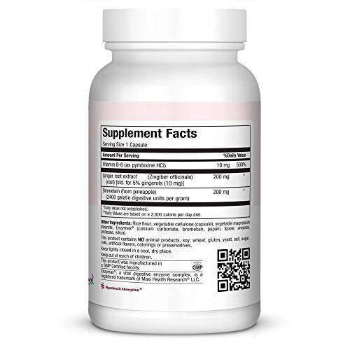 Maxi Health Gingermax - Ginger - Bromelain & Vitamin B6 - Digestion Health - 60 Capsules - Kosher #TOP2