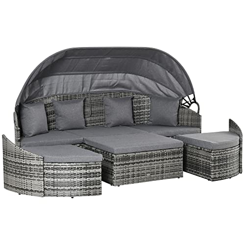 Outsunny 4-Piece Outdoor Rattan Furniture Set, Round Convertible Patio Daybed or Sunbed, Sectional...