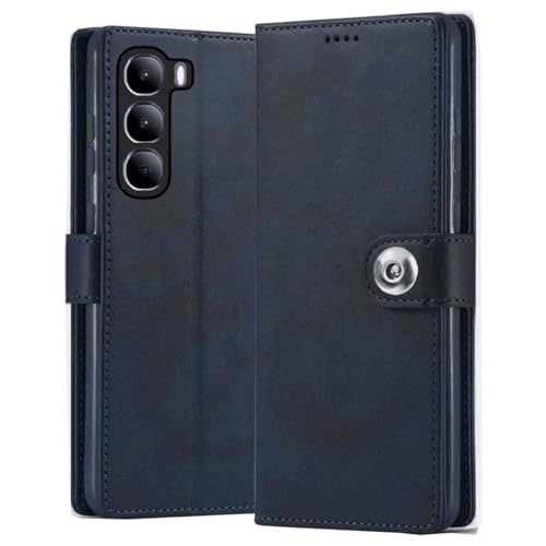 Image of Genuine Leather Inside Back TPU Wallet Button | Magnetic Stand Dual Layer Flip Cover for Compatible Model with Realme RMX3945 / C73 / C75 5G - Navy Blue