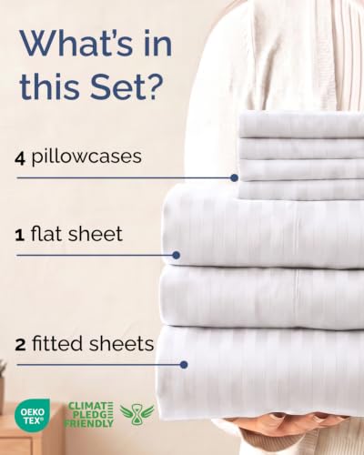 Image of Split King 7 Piece Bed Sheet Set - Breathable & Cooling - Striped White