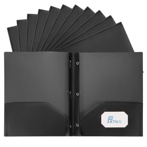 PATIKIL Pocket Folders with Prongs, 12 Pcs Heavy Duty Plastic Pocket Folders with 3 Fasteners Fit Letter Size Paper for Resume Documents Files Letters, Black