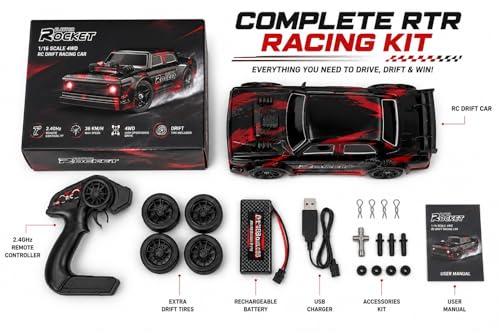 Image of RC Drift Car 1 /16 Scale 4WD Remote Control Racing Car with LED Headlights, 2.4 GHz High Speed Drift Vehicle, 7.4 V 1200 mAh Rechargeable Battery with Extra Tires for Kids and Adults