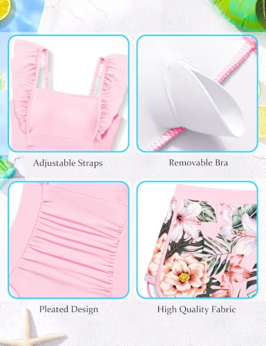 Image of NECIOUS Girls Swimsuit Ruffle Adjustable Straps One Piece Bathing Suit Solid Color Ruched Girls' Swimwear 9-16Y