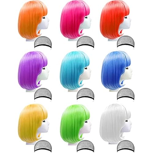 9 Pieces Short Bob Hair Wigs Candy Colored Costume Cosplay Wigs Daily Party Hairpiece for Women - Bachelorette Party Decorations, Favors, Supplies
