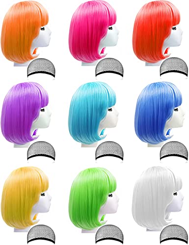 LOHO WONDERZ 9 Pieces Short Bob Hair Wigs Candy Colored Costume Cosplay Wigs Daily Party Hairpiece for Women - Bachelorette Party Decorations, Favors, Supplies