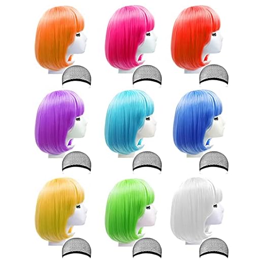 LOHO WONDERZ 9 Pieces Short Bob Hair Wigs Candy Colored Costume Cosplay Wigs Daily Party Hairpiece for Women - Bachelorette Party Decorations, Favors, Supplies