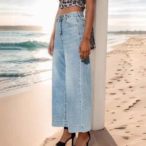 Girls Denim Cargo Pants Women 2024 Baggy High Waist Wide Leg Jeans Fashion Casual Straight Leg Trousers with Pockets4