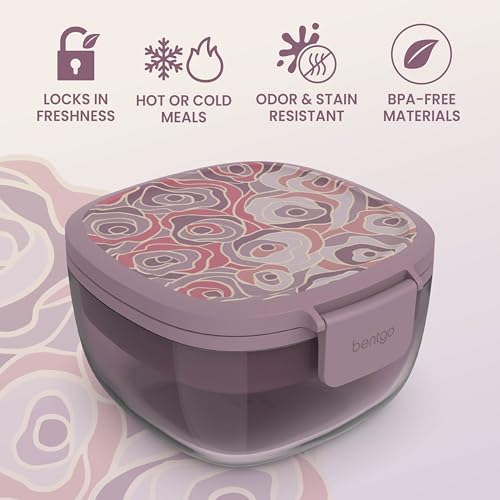 Image of Bentgo Glass Prints Salad Container - 7.6-Cup Tinted Glass Salad Bowl with Airtight Lid, Leak-Proof Sauce Container, 4-Compartment Bento Meal Prep Tray & Reusable Fork (Floral Maximalist - Bouquet)