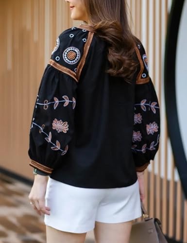 Womens Embroidered Shirt Long Sleeve Peasant Blouse Lantern Sleeve Boho Tops V Neck Loose Lightweight Casual Tunic3