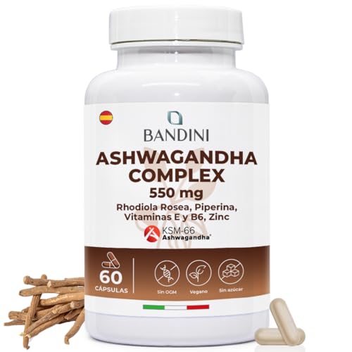 Bandini® Ashwagandha KSM-66® - Rhodiola Rosea, Ginseng Indio, Zinc, Vit E y B6 – Withania Somnifera en Dosis Alta con 5% de Whitanólidos – Ashwagandha Complex 60 Cápsulas – Suplemento Natural y Vegano