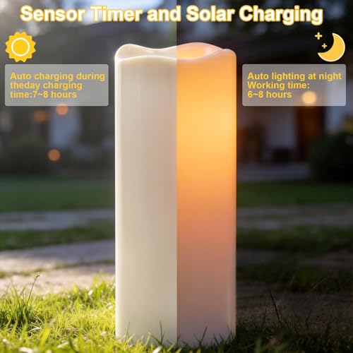 Image of Solar Candles Outdoor Waterproof, 12 inch x 5 inch Large Solar Charging Dusk to Dawn, Outdoor Battery Operated Pillar Candles with Sensor Timer for Patio, Porch, Lanterns, Mantel Decor, 2 Packs