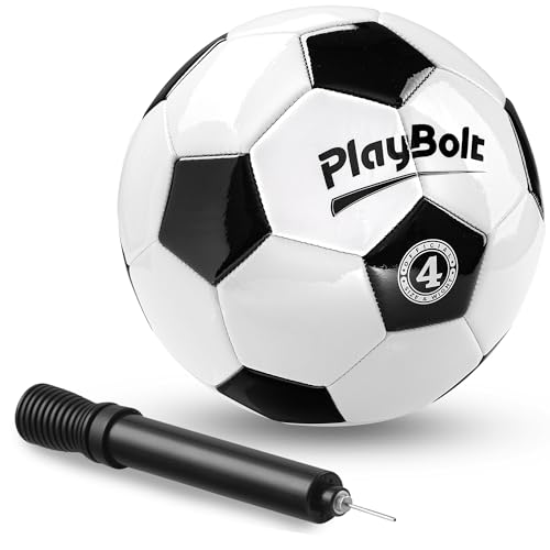 PlayBolt Soccer Ball Size 4 - Premium PVC Leather Cover - Youth Soccer Balls with Pump - Training, Practice, Match & Game Ball for Kids & Teens (Pack of 1)