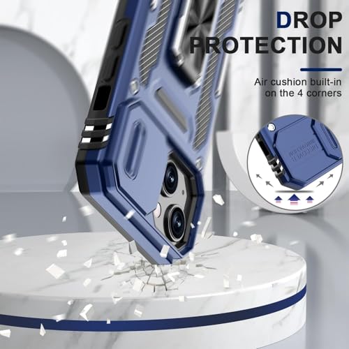 Image of Polycarbonate Back Cover Case Compatible for Apple iPhone 15 with Slide Camera Cover & Rotated Ring Kickstand | Military Grade Mobile Phone Cover Case for Apple iPhone 15 (Blue)