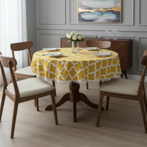 Image of HOMEMONDE Cotton Premium Dining Round Table Cover with White Border Pom-Pom, 45 x 45 Inches Geometric Printed Table Cloth 4 Seater, Round Table Cover - (114x114 CM, Yellow)