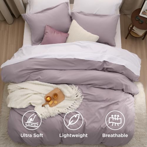Image of Bedsure Prewashed Duvet Cover Queen, Cotton-Like Bedding Set, Lilac Purple | Ultra Soft, Relaxed Texture, 90 inchx90 inch Breathable Comfort, Hidden Zipper, 8 Corner Ties, Easy Care, OEKO-TEX, Year-Round Use