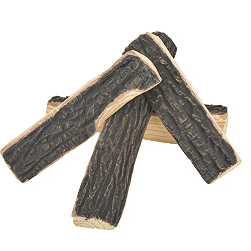 Skyflame 4pcs Fireplace Ceramic Wood Logs Gas Heat Resistant Realistic Artificial Stackable Decoration Logs, All Types Indoor or Outdoor Fireplace and Fire Pit, Clean Burning Accessories