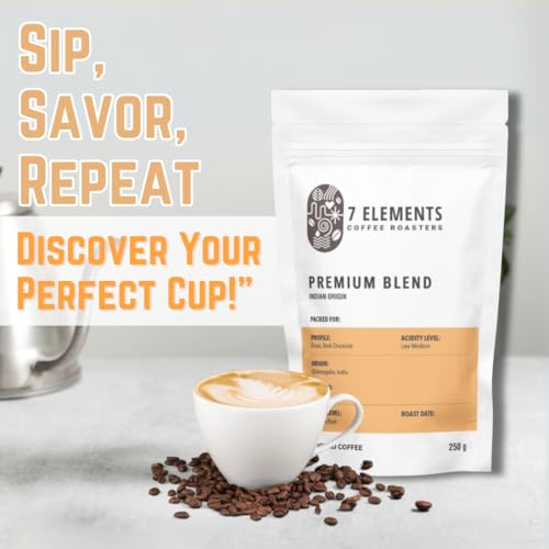 Image of 7 Elements Coffee Roasters Premium Blend Ground Coffee - 250 g (Pack of 1) | Medium-Dark Roast (Espresso, Moka Pot Grind) | Specialty Robusta & Arabica Coffee Grounds | Rich Flavorful Coffee