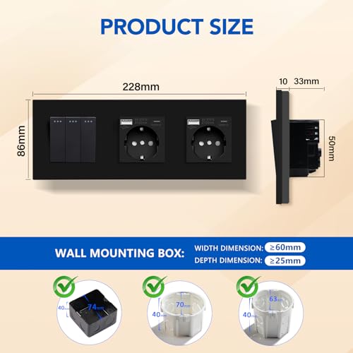 BSEED Lichtschalter Mit Steckdose 3 Fach 2 Wege, Wandschalter Mit 16A Schuko Steckdose, Doppel USB Anschluss (Max. 2.1A) Typ C Port Schwarz, Physische Unterputz Wechselschalter - 228mm