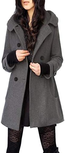 Tanming Women's Warm Double Breasted Wool Pea Coat Trench Coat Jacket with Hood (Large, Grey)