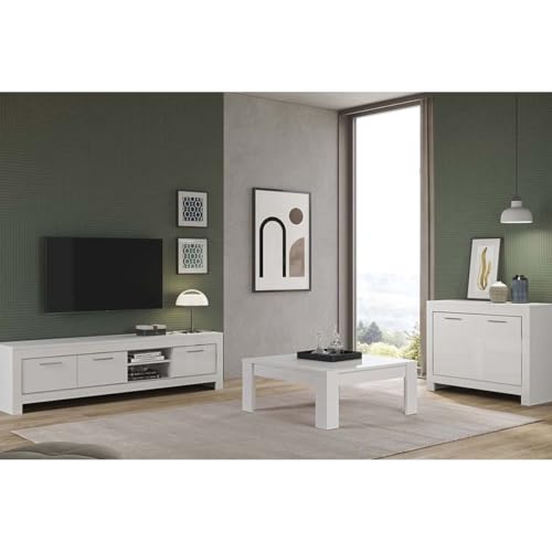 AltoBuy Denae - Ensemble Salon Laqué Blanc Brillant Meuble TV + Buffet 2 Portes + Table Basse Carrée