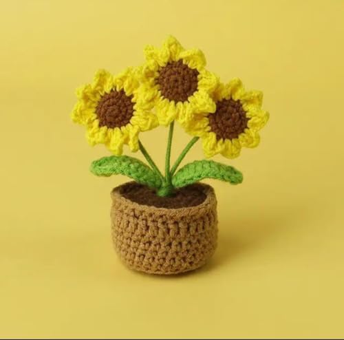 Image of VRB Dec 1 Pcs Crochet Flowers Artificial Sunflower for Office Desk Car Dashboard Decor,Home Decoration, Office, Bedroom (Triple Sunflower with Crochet Flower - 1 Pcs)