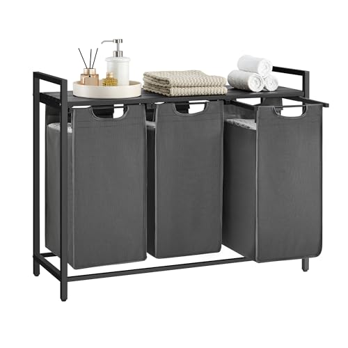 VASAGLE Laundry Hamper, Laundry Basket, Laundry Sorter with 3 Pull-Out and Removable Bags, Shelf, Metal Frame, 3 x 10.6 Gallons (40 L), 36.4 x 13 x 28.4 Inches, Slate Gray and Charcoal Gray UBLH301G01