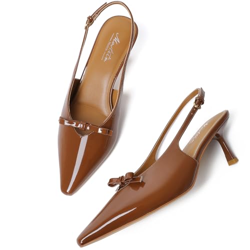 Image of Mostrin Kitten Heels for Women Pointed Toe Pumps Patent Leather Low Heel Slingback Heels with Buckle Dress Shoes for Dating Party Working