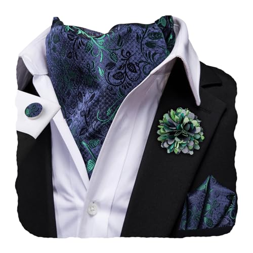 Image of Hi-Tie Silk Ascot for Men Self Tie Men's Cravat and Flower Lapel Pin Handkerchief Cufflinks Set for Wedding Party