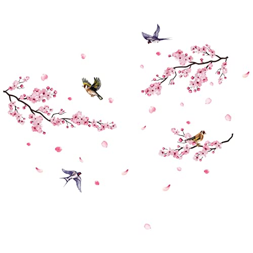 PLIGREAT Pink Cherry Blossom Flowers Birds Wall Stickers Removable Vinyl Peel and Stick Wall Decals for Bedroom Dininig Living Room Home Indoor Window Wall Decorations DIY Wall Art Decor - Image 2