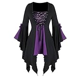 Women Plus Size Tops Long Sleeve Tops Sequined Blouse Lace Up Gothic Tunic Tee Purple