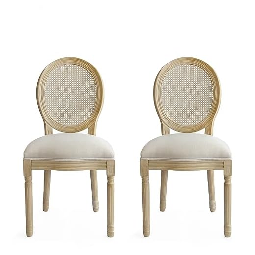 Alguer Living - Bella - 2X Pack Sillas Comedor Clásicas con Respaldo en Ratán, Sillas Sala Espera, Sillas Roble Tapizadas de Tela, Sillas Habitación, Estilo Louis XIV, 96x56x49cm