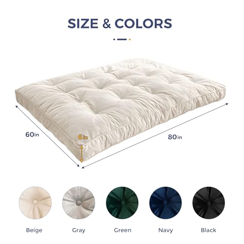 MAXYOYO 6" Futon Mattress Queen Size, Velvet Thick Futons Sofa Couch Bed, Versatile Floor Mattress for Adults, Shredded Foam Filling (Frame Not Included), Beige