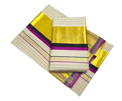 Image of Womens Kuthampully Set Mundu With Golden & Stripes Kara