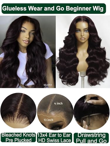 Image of KLAIYI Black Cherry Loose Body Wave Pre Eeverything 13x4 Lace Frontal Wigs Human Hair Bye Bye Knots Glueless Ready to Wear and Go Wig with Face Framing Bangs Drawstring Pre Plucked Burgundy Wig 16Inch