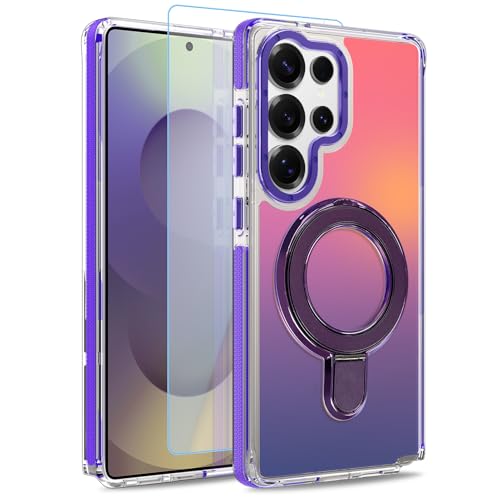 Image of Magnetic for Samsung Galaxy S25 Ultra Case with Stand [Compatible with Magsafe] [Cute Fluorescent Design] [1 Screen Protector] Slim Translucent Matte Case for Galaxy S25 Ultra 6.9 inch, Purple