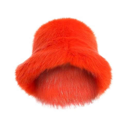 Chapeau seau flou anti froid en peluche moelleuse orange femme