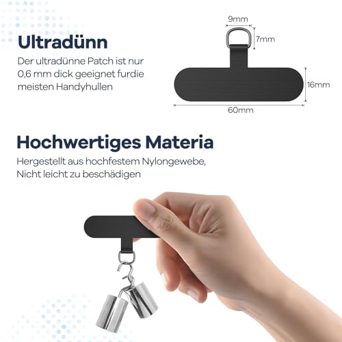 caslord Handyband Universal, Handy Lanyard mit 2 Stück Universelles Patch, Handyband mit Hülle kombinierbar, Einstellbar und Abnehmbar - Schwarz