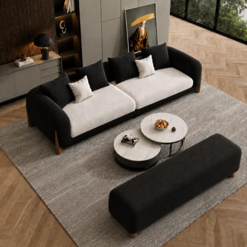 Image of Modern Boucle Sofa for Living Room Bedroom Reception and Office Wooden Polished Leg Sofa for Living Room (Black & Off White, 3 Seater + Bench)