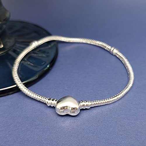 Qeensekc Smooth Heart Snap Barrel Clasp Snake Chain Bracelet 3Mm Clip Lock Beads For Pandora All Chamilia Troll Biagi Bead 6.3" #TOP3