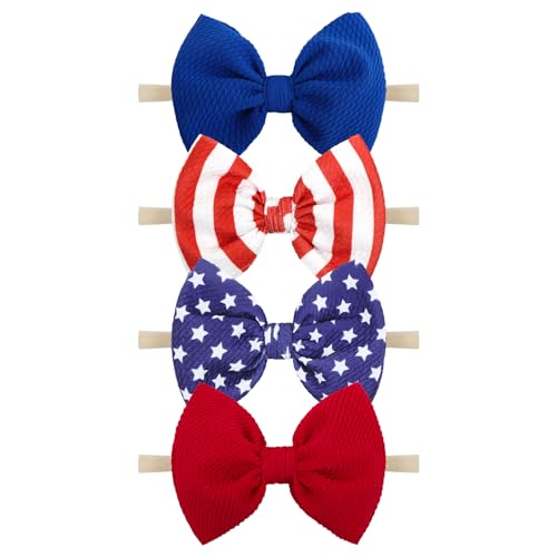 Image of YanJie 4th of July Flag Baby Nylon Headbands Bows Red Blue White Star Spangled Hairbands Bows Hair Accessories for Newborns Toddlers Kids 4 Pcs