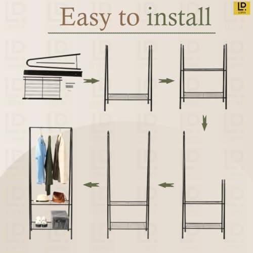 Image of LEOPAX Heavy Duty Metal Clothes Rack with 2 Shelves, Garment Hanging Rail & Coat Stand for Clothes, Shoes, Bags Storage, Freestanding Wardrobe Organizer for Bedroom, Entryway & Laundry Room - Black