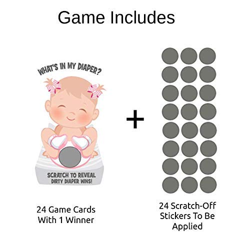 Candles and Favors Girl's What's In My Diaper Scratch Off Game | 24 Cards - 1 Winner | Baby Shower Game