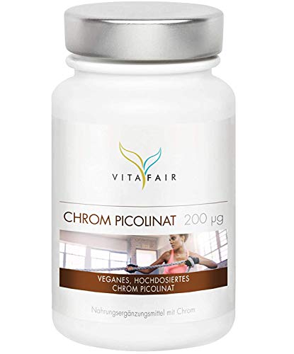 VITAFAIR Chrom Picolinat Kapseln, Made in Germany - 200?g Chrompicolinat pro Tagesdosis, 365 Chrom Kapseln hochdosiert (500% Tagesbedarf), 100% vegan & ohne Zusatzstoffe