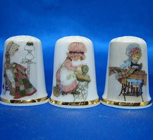 Porcelain China Collectable - Set of Three Thimbles - Sewing in Bonnets