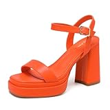 Amoji Women's Orange 4inch Platform Heels Chunky Heeled Sandals Dress Block Heels Thick Heels Prom Wedding Shoes 311 Orange 9.5 women