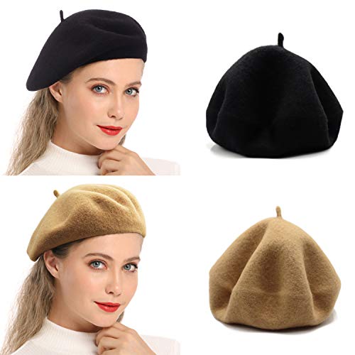 Wheebo Wool Beret Hat,Solid Color French Style Winter Warm Cap for Women Girls Lady (Double Pack-4)