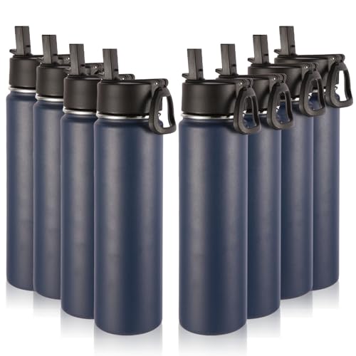 Volhoply 24oz Insulated Water Bottle with Straw Bulk 8 Pack,Metal Wide Mouth Water Bottles with Handle Lid Keep Cold,Reusable Double Wall Cups,Powder Coated Sport Bottle For Holder(Navy,8 Count)