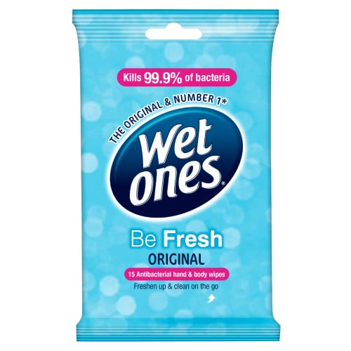 Wet Ones Be Fresh Antibacterial Hand and Body Wipes, Travel Pack, 15 Wipes, Gentle on Skin, Paraben Free, Fresh Scent